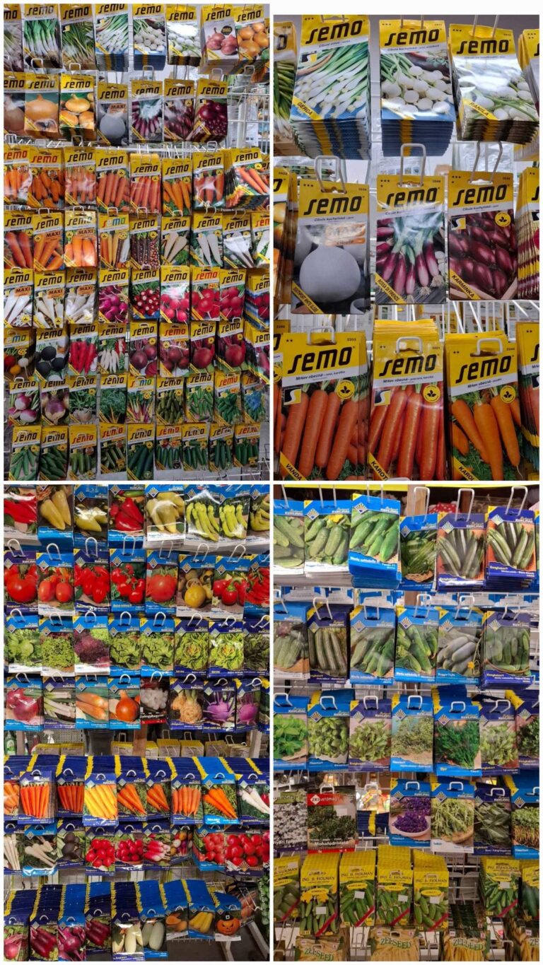 Obrázok zobrazuje rôzne balenia semien zeleniny, usporiadané na regáloch v obchode. Na obrázku sú viditeľné rôzne druhy semien, ako sú mrkva, paradajky, uhorky, kapusta a ďalšie, všetky s označením značky "semo".